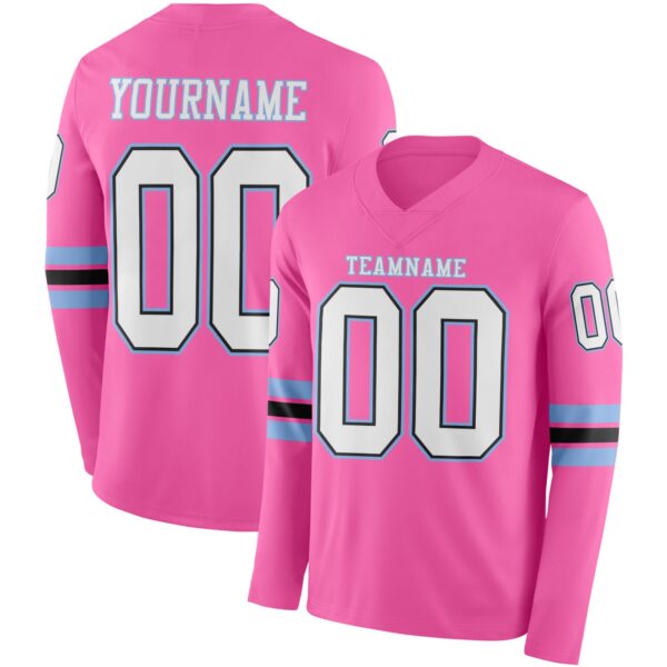 Custom Pink White Black-Light Blue Long Sleeve Authentic Football Jersey