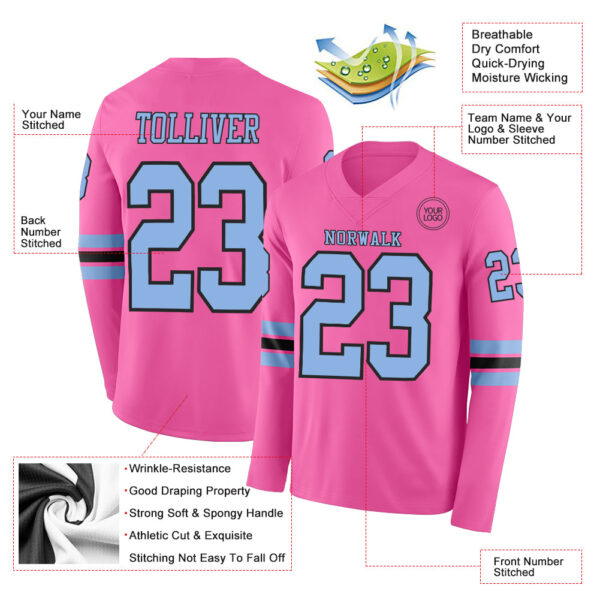 Custom Pink Light Blue-Black Long Sleeve Authentic Football Jersey
