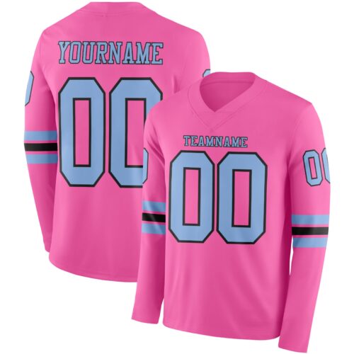 LongSleeve0848 Custom Pink Light Blue-Black Long Sleeve Authentic Football Jersey