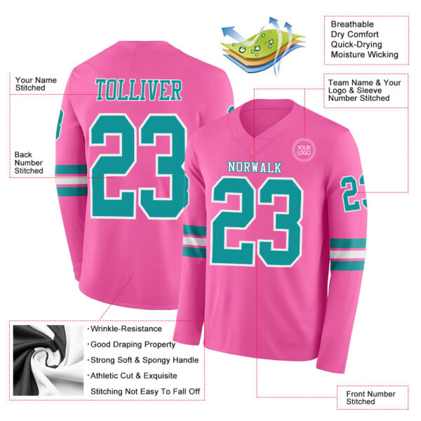 Custom Pink Teal-White Long Sleeve Authentic Football Jersey