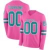 Custom Pink Teal-White Long Sleeve Authentic Football Jersey