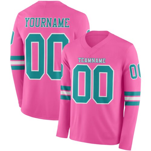 LongSleeve0849 Custom Pink Teal-White Long Sleeve Authentic Football Jersey