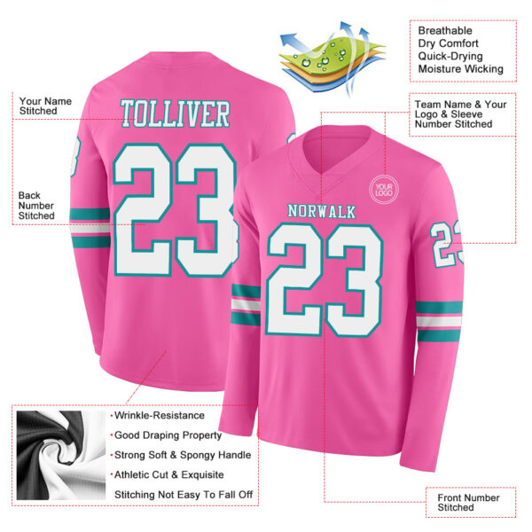 Custom Pink White-Teal Long Sleeve Authentic Football Jersey