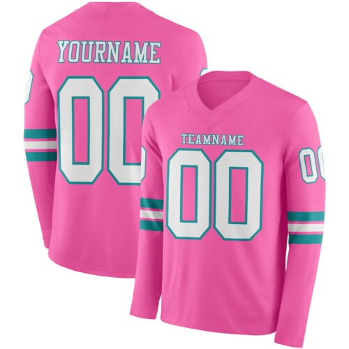 LongSleeve0850 Custom Pink White-Teal Long Sleeve Authentic Football Jersey