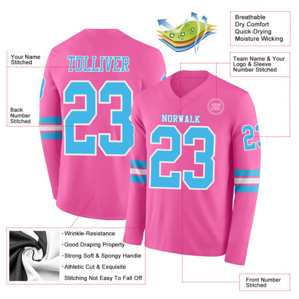 Custom Pink Sky Blue-White Long Sleeve Authentic Football Jersey