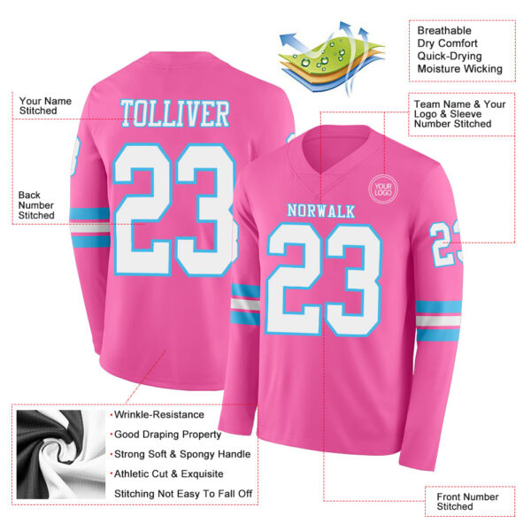 Custom Pink White-Sky Blue Long Sleeve Authentic Football Jersey