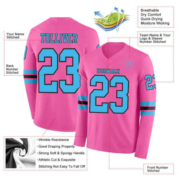 Custom Pink Sky Blue-Black Long Sleeve Authentic Football Jersey