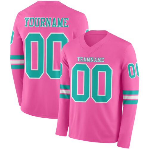 LongSleeve0854 Custom Pink Aqua-White Long Sleeve Authentic Football Jersey