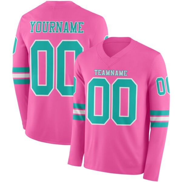 Custom Pink Aqua-White Long Sleeve Authentic Football Jersey