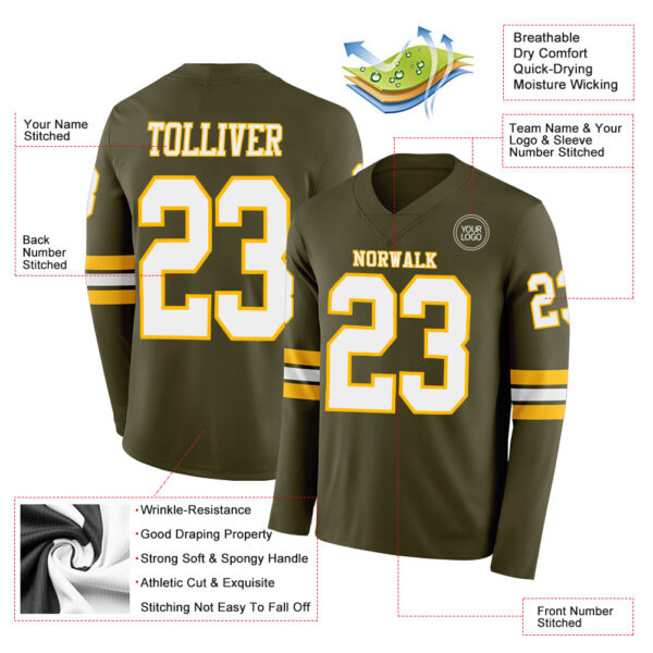 Custom Olive White-Gold Long Sleeve Salute To Service Authentic Football Jersey