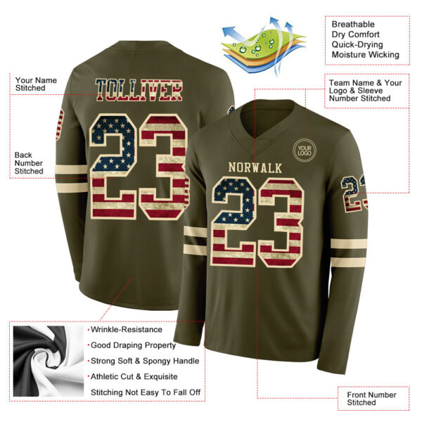 Custom Olive Vintage USA Flag-Cream Long Sleeve Salute To Service Authentic Football Jersey