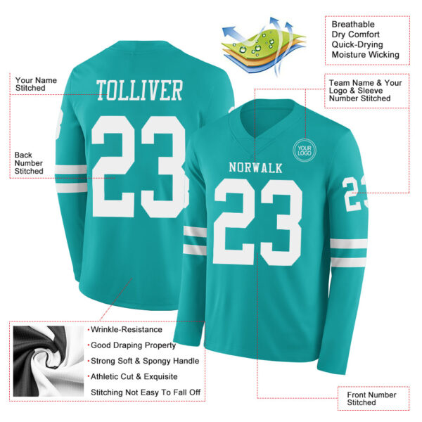 Custom Aqua White Long Sleeve Authentic Football Jersey