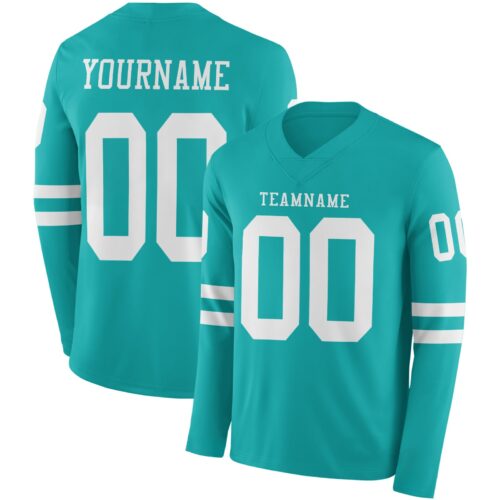 Custom Aqua White Long Sleeve Authentic Football Jersey