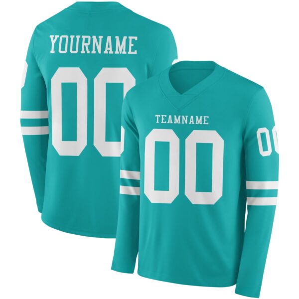 Custom Aqua White Long Sleeve Authentic Football Jersey