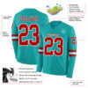 Custom Aqua Red-White Long Sleeve Authentic Football Jersey