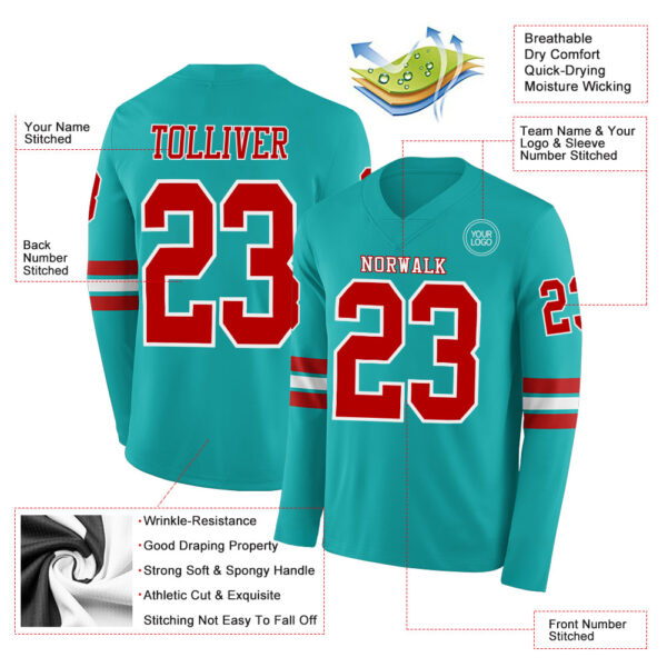 Custom Aqua Red-White Long Sleeve Authentic Football Jersey