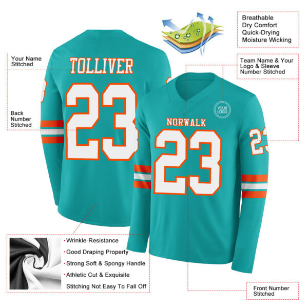 Custom Aqua White-Orange Long Sleeve Authentic Football Jersey