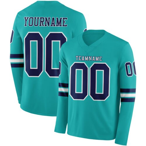 Custom Aqua Navy-White Long Sleeve Authentic Football Jersey
