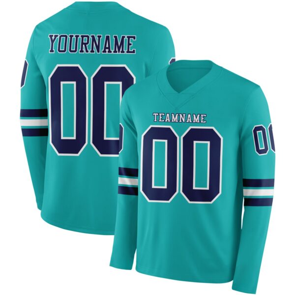 Custom Aqua Navy-White Long Sleeve Authentic Football Jersey