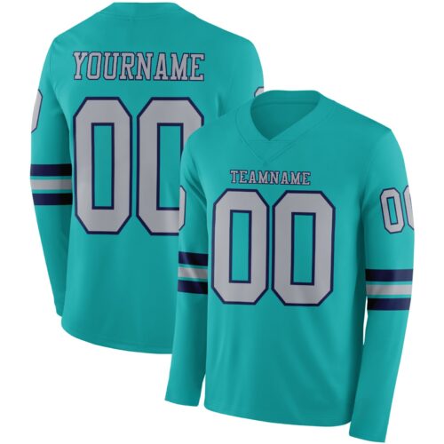Custom Aqua Gray-Navy Long Sleeve Authentic Football Jersey
