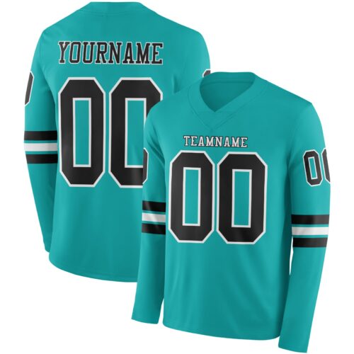 Custom Aqua Black-White Long Sleeve Authentic Football Jersey