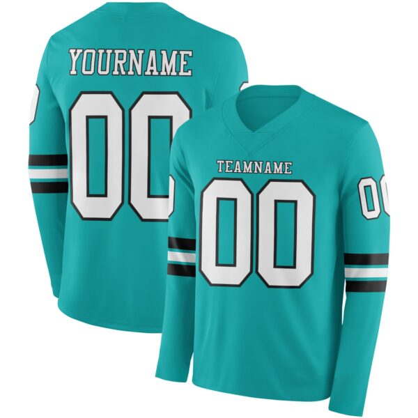 Custom Aqua White-Black Long Sleeve Authentic Football Jersey