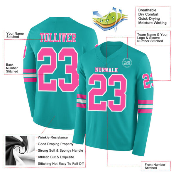 Custom Aqua Pink-White Long Sleeve Authentic Football Jersey