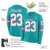 Custom Aqua White-Pink Long Sleeve Authentic Football Jersey