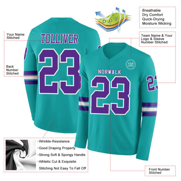 Custom Aqua Purple-White Long Sleeve Authentic Football Jersey