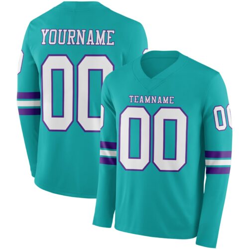 Custom Aqua White-Purple Long Sleeve Authentic Football Jersey