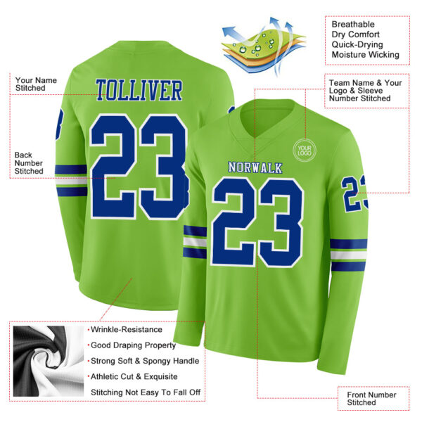 Custom Neon Green Royal-White Long Sleeve Authentic Football Jersey