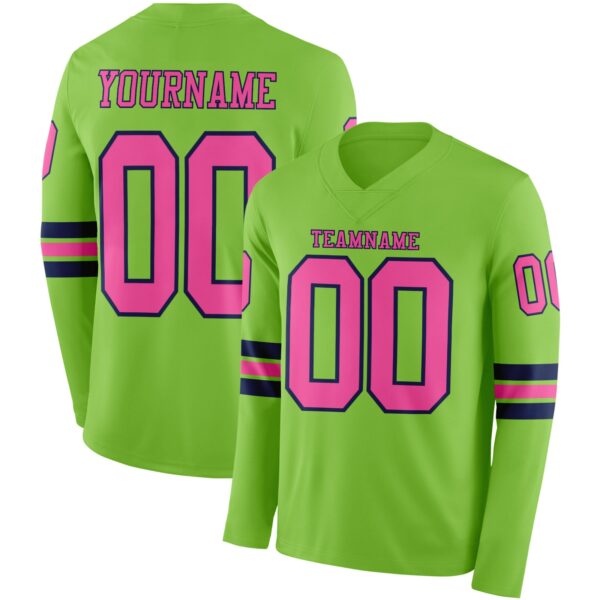 Custom Neon Green Pink-Navy Long Sleeve Authentic Football Jersey