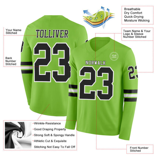 Custom Neon Green Black-White Long Sleeve Authentic Football Jersey