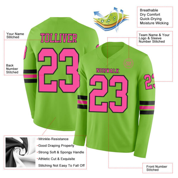 Custom Neon Green Pink-Black Long Sleeve Authentic Football Jersey