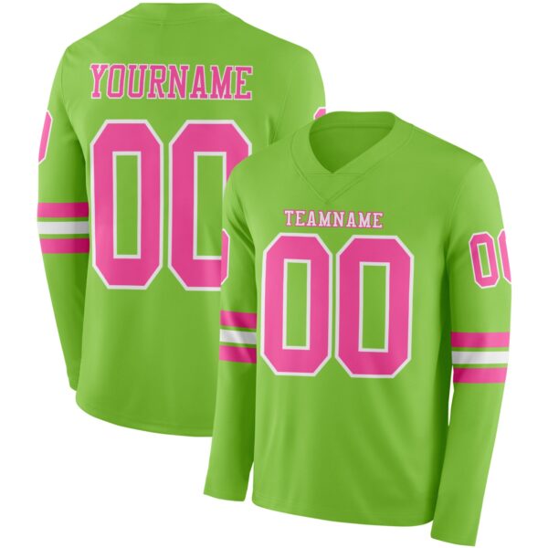Custom Neon Green Pink-White Long Sleeve Authentic Football Jersey