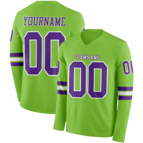Custom Neon Green Purple-White Long Sleeve Authentic Football Jersey