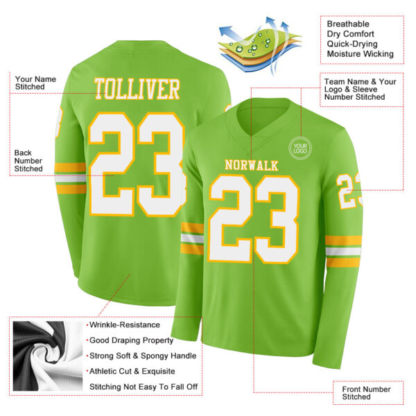 Custom Neon Green White-Gold Long Sleeve Authentic Football Jersey