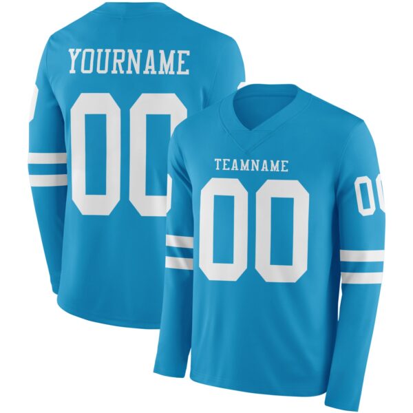 Custom Panther Blue White Long Sleeve Authentic Football Jersey