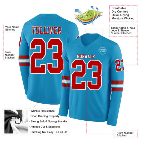 Custom Panther Blue Red-White Long Sleeve Authentic Football Jersey