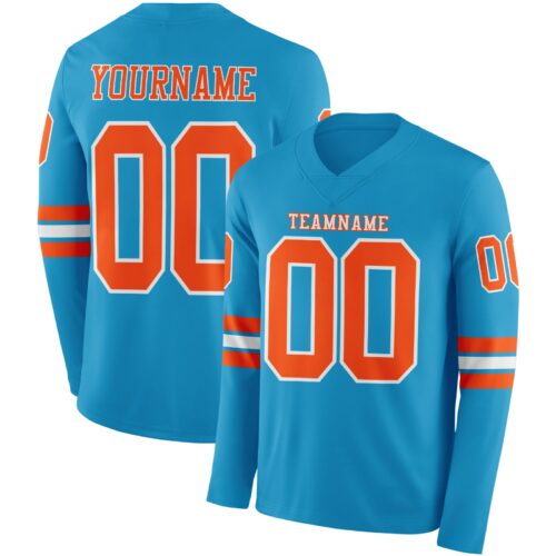 LongSleeve0895 Custom Panther Blue Orange-White Long Sleeve Authentic Football Jersey