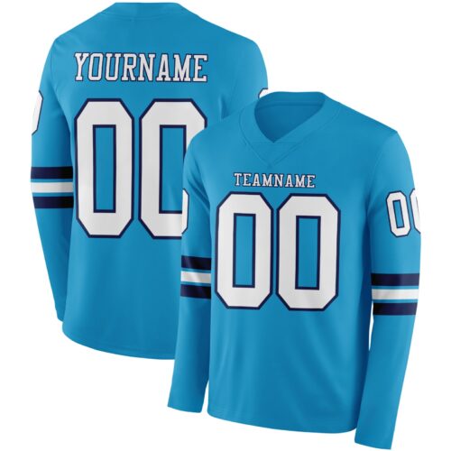LongSleeve0898 Custom Panther Blue White-Navy Long Sleeve Authentic Football Jersey