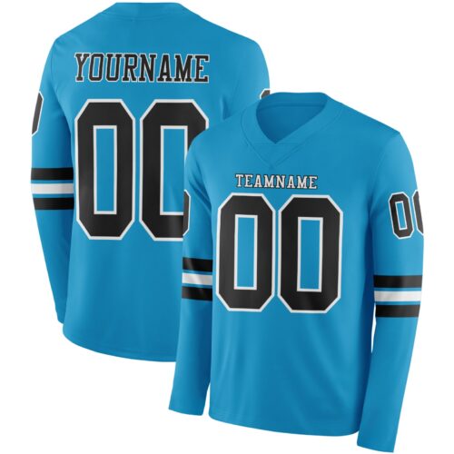 LongSleeve0899 Custom Panther Blue Black-White Long Sleeve Authentic Football Jersey