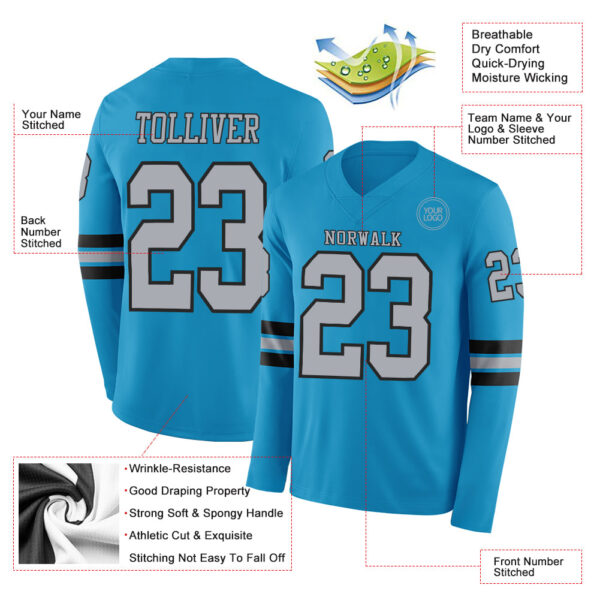 Custom Panther Blue Gray-Black Long Sleeve Authentic Football Jersey