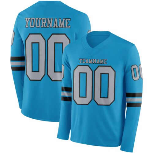 LongSleeve0901 Custom Panther Blue Gray-Black Long Sleeve Authentic Football Jersey