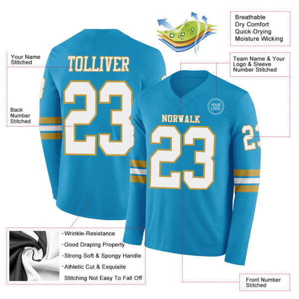 Custom Panther Blue White-Old Gold Long Sleeve Authentic Football Jersey