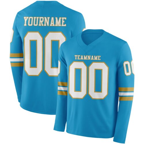 LongSleeve0902 Custom Panther Blue White-Old Gold Long Sleeve Authentic Football Jersey
