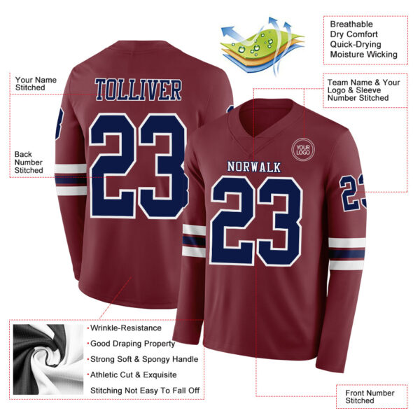 Custom Burgundy Navy-White Long Sleeve Authentic Football Jersey