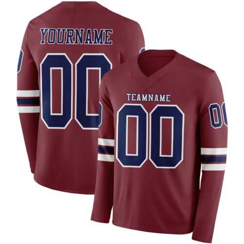 LongSleeve0904 Custom Burgundy Navy-White Long Sleeve Authentic Football Jersey