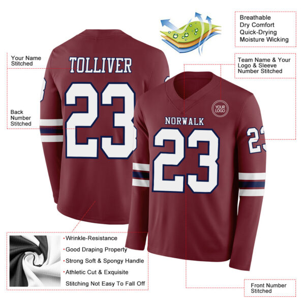 Custom Burgundy White-Navy Long Sleeve Authentic Football Jersey
