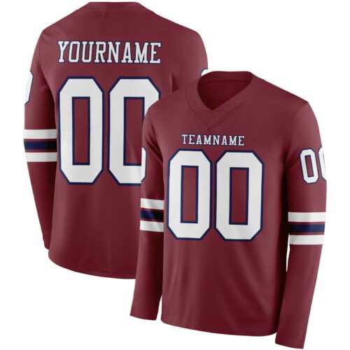 LongSleeve0905 Custom Burgundy White-Navy Long Sleeve Authentic Football Jersey